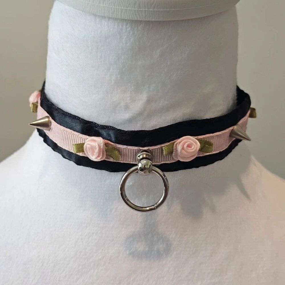 Black & Pink Floral Choker Collar with Pink Ribbon, Silver Spikes